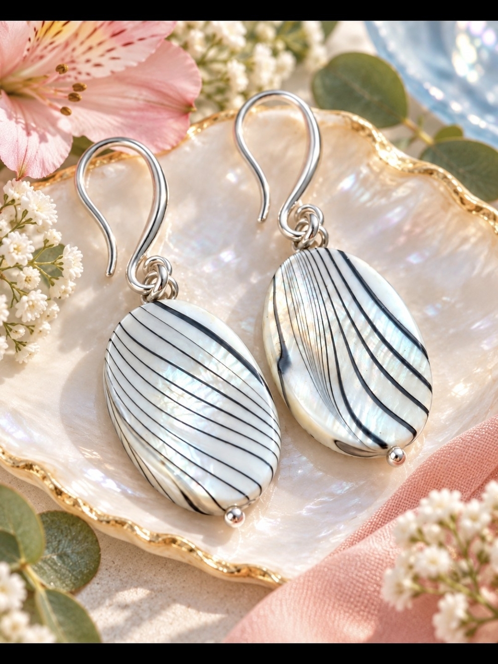 Silver Tone Mother-of-Pearl Drop Earrings in White and Black